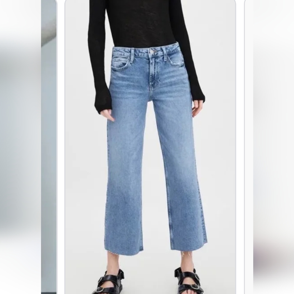 -Zara Women's High Rise Wide Leg Fray Ankle Medium Blue Flare Jeans